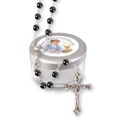 Communion Glass Imitation Hematite Rosary