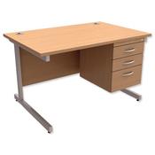 Rectangular Office Desk With Fixed 3-Drawer Pedestal Silver Legs W1200mm Beech Ashford – Cantilever Desk &amp; Extra Storage , 25 Year Warranty image
