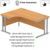 Core Left Hand Corner Office Desk - W1600xD1200xH730mm - Norwegian Beech - Double Cantilever Silver Frame