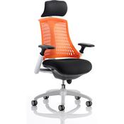 Flex Task Operator Office Chair White Frame Black Fabric Back With Orange Back With Arms &amp; Headrest image