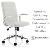 Ezra Executive Office Chair - White Leather Seat &amp; Back - Chrome Base - Fixed Padded Arms for Comfort - 3 Years Warranty image
