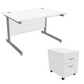 Office Desk Rectangular Silver Legs W1200mm With Mobile 2-Drawer Pedestal White Ashford image