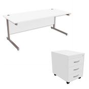 Office Desk Rectangular Silver Legs W1800mm With Mobile 3-Drawer Pedestal White Ashford image