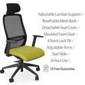 NV Ergonomic Posture Office Chair - Contoured Breathable Mesh Back - Headrest - Adjustable Lumbar Support - Black Frame - Green Seat image