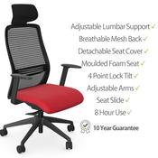 NV Ergonomic Posture Office Chair - Contoured Breathable Mesh Back - Headrest - Adjustable Lumbar Support - Black Frame - Red Seat image