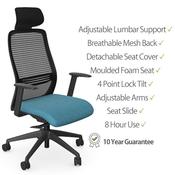 NV Ergonomic Posture Office Chair - Contoured Breathable Mesh Back - Headrest - Adjustable Lumbar Support - Black Frame - Light Blue Seat image