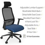 NV Ergonomic Posture Office Chair - Contoured Breathable Mesh Back - Headrest - Adjustable Lumbar Support - Black Frame - Navy Blue Seat image
