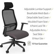 NV Ergonomic Posture Office Chair - Contoured Breathable Mesh Back - Headrest - Adjustable Lumbar Support - Black Frame - Grey Seat image
