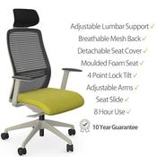 NV Ergonomic Posture Office Chair - Contoured Breathable Mesh Back - Headrest - Adjustable Lumbar Support - White Frame - Green Seat image
