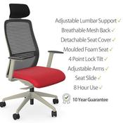NV Ergonomic Posture Office Chair - Contoured Breathable Mesh Back - Headrest - Adjustable Lumbar Support - White Frame - Red Seat image