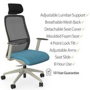 NV Ergonomic Posture Office Chair - Contoured Breathable Mesh Back - Headrest - Adjustable Lumbar Support - White Frame - Blue Seat image