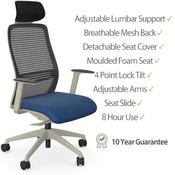 NV Ergonomic Posture Office Chair - Contoured Breathable Mesh Back - Headrest - Adjustable Lumbar Support - White Frame - Navy Blue Seat image