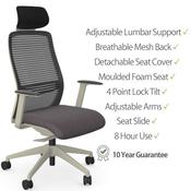 NV Ergonomic Posture Office Chair - Contoured Breathable Mesh Back - Headrest - Adjustable Lumbar Support - White Frame - Grey Seat image