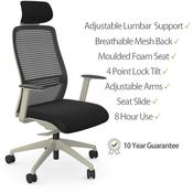 NV Ergonomic Posture Office Chair - Contoured Breathable Mesh Back - Headrest - Adjustable Lumbar Support - White Frame - Black Seat image
