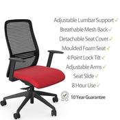 NV Ergonomic Posture Office Chair - Contoured Breathable Mesh Back - Adjustable Lumbar Support - Black Frame - Red Seat image