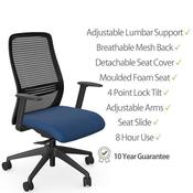NV Ergonomic Posture Office Chair - Contoured Breathable Mesh Back - Adjustable Lumbar Support - Black Frame - Navy Blue Seat image