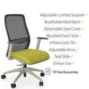 NV Ergonomic Posture Office Chair - Contoured Breathable Mesh Back - Adjustable Lumbar Support - White Frame - Green Seat image