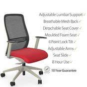 NV Ergonomic Posture Office Chair - Contoured Breathable Mesh Back - Adjustable Lumbar Support - White Frame - Red Seat image