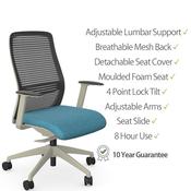 NV Ergonomic Posture Office Chair - Contoured Breathable Mesh Back - Adjustable Lumbar Support - White Frame - Light Blue Seat image