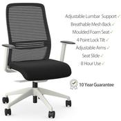 NV Ergonomic Posture Office Chair - Contoured Breathable Mesh Back - Adjustable Lumbar Support - White Frame - Black Seat image
