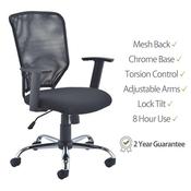Ergonomic Office Chair - Fully Breathable Mesh Back with Height Adjustable Arms - Chrome Base - Lock Tilt Mechanism &amp; Padded Seat For Extra Comfort