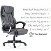 Stratford High Back Executive Leather-Look Office Chair - Black - Adjustable - Ergonomic (120kg Capacity) image