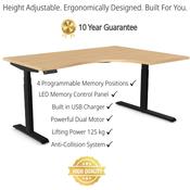LEAP Electric Dual Motor Height Adjustable Radial Right Hand Sit Stand Desk Portal Top W1600xD1200/800xH620-1270mm Beech Top Black Frame 10 Year Warranty image