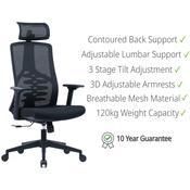 X.44 Ergonomic Mesh Office Chair Black - Adjustable Lumbar Support - Headrest &amp; 3D Armrests with S-Shaped Backrest - 10 Years Guarantee (120kg Weight Capacity) image