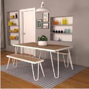 PAULETTE Outdoor/Indoor Table &amp; Bench Set - Synthetic Wood Finish &amp; Weather Resistant Powder Coated Steel Frame - White Frame image
