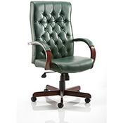 Chesterfield Traditional Executive Office Chair, Green Leather Seat &amp; Back - Fixed Wooden Padded Arms, 5-Star Base image