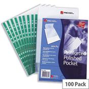Rexel A4 Clear Punched Pockets - Green Strip, 80 Micron, Pack of 100 image