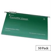 Rexel Crystalfile Foolscap Suspension File Green V-base Pack 50 - 100% recycled quality manilla - 15mm capacity holds up to 150 sheets - Snap on tabs and printable inserts image