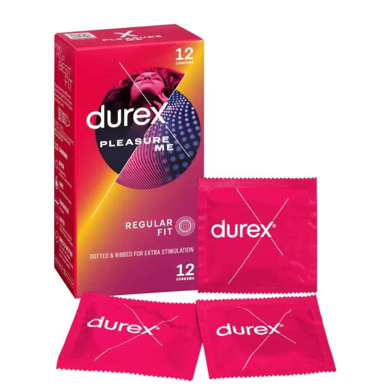 Durex Pleasure Me Condoms 12 Pack - Ribbed, Dotted, Lubricated, Transparent, Easy-On - Size 56mm