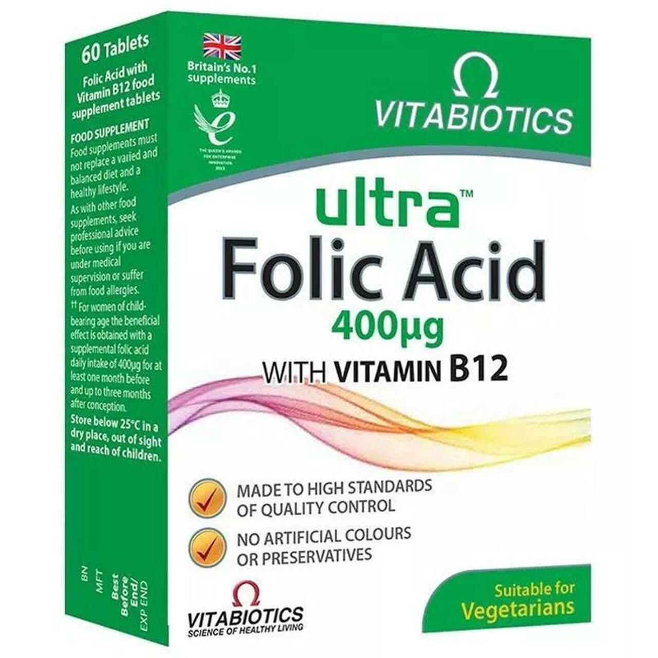Vitabiotics Ultra Folic Acid Tablets 60 Tablets 400mcg with Vitamin B12 - Suitable for Vegetarians