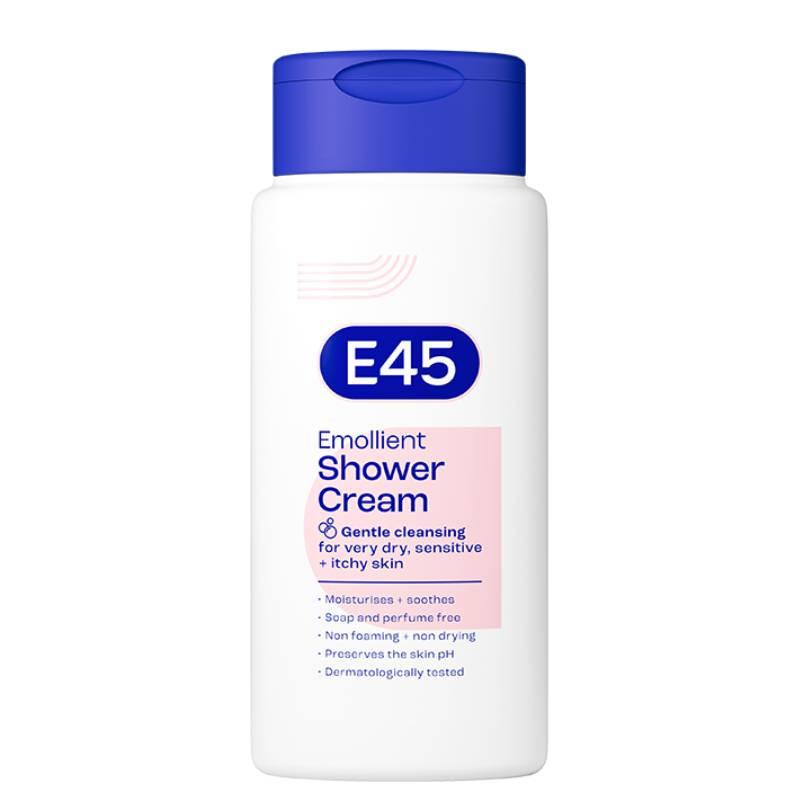 E45 Shower Cream for Dry, Sensitive, Itchy Skin - Gentle Cleansing, Dermatologically Tested, Soap Free, Non Drying, Non Foaming - Size 200ml