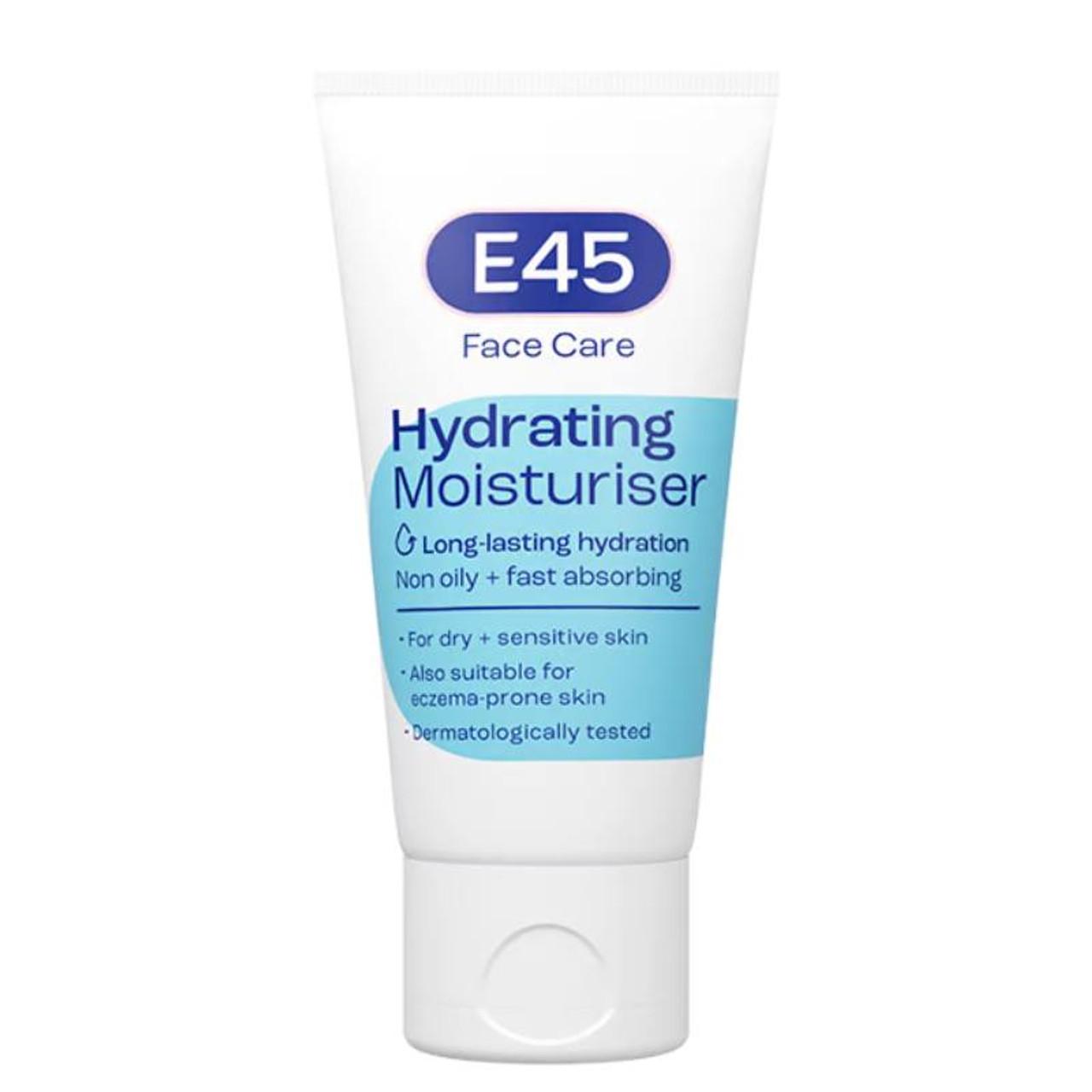 E45 Face Hydrating Moisturiser 50ml for dry and sensitive skin, long-lasting hydration, non-oily, fast absorbing, dermatologically tested