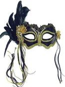 Black Metallic and side feather masquerade mask em323