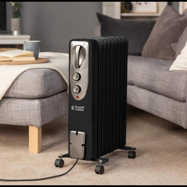 Russell Hobbs 2000W Oil Filled Radiator | Black | 9 Fin | 3 Heat Settings | Variable Thermostat | Up to 20m² | Carry Handle & Wheels