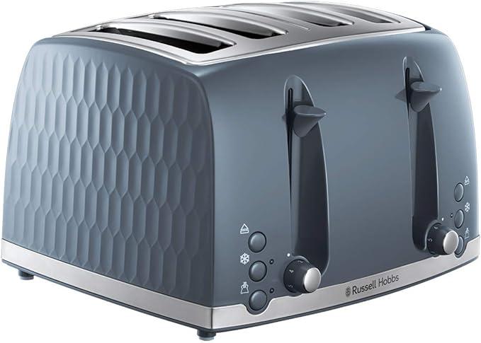 Russell Hobbs Honeycomb 1500W 4 Slice Toaster - Grey | Textured Design, High Lift, Removable Crumb Tray, Extra Wide Slots, Bun Warmer, Frozen, Cancel, Reheat Functions