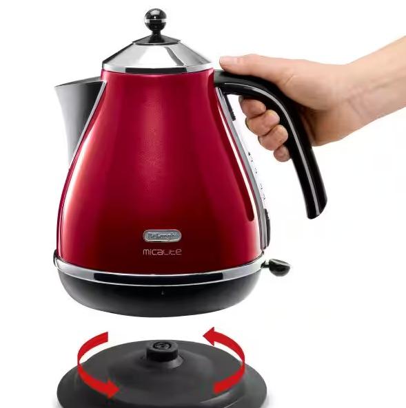 De'Longhi Red Kettle 1.7L Micalite 360° Swivel Base Removable Filter