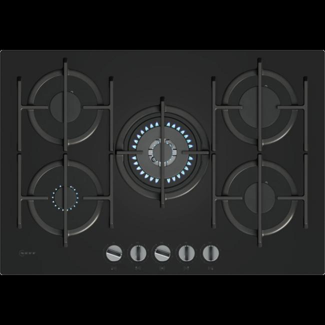 Neff N70 75cm Black Gas on Glass Hob with FlameSelect, Wok Burner, Cast Iron Supports, and Gas Safety Cut-Off