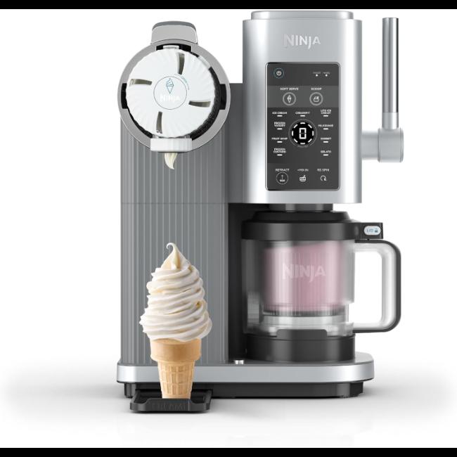 Ninja CREAMi 13-in-1 Ice Cream Maker NC701UK | Soft Serve & More | Platinum Silver | 2x 480ml | Image Features: Soft Serve, Scoop, Ice Cream, CreamiFit, Soft Serve Gelato