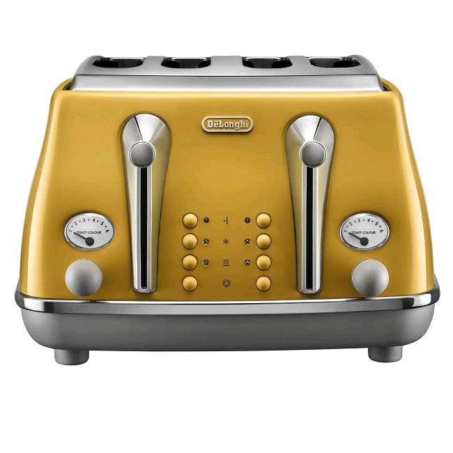 DeLonghi Icona Capitals 4 Slice Toaster Yellow 1800W Toast Colour Buttons