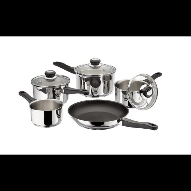 Judge Vista 5 Piece Stainless Steel Cookware Set with Non-Stick Frying Pan, Glass Lids, Induction Compatible, Oven Safe to 180°C, 25 Year Guarantee
