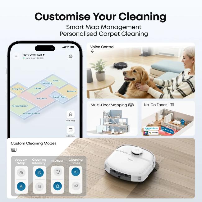 Eufy Omni C28A Robot Vacuum & Mop with 15,000 Pa Suction, 5-in-1 Station, HydroJet Mop, Auto Detangling, iPath 2.0 Nav, White