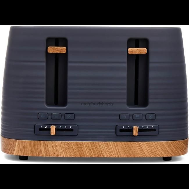 Morphy Richards Clay 4 Slice Toaster Flint Blue Grey Ripple Pattern BPA-Free Plastic with Reheat Defrost Cancel Functions Wide Slots Variable Browning Auto-Centring Automatic Pop-Up Cord Storage Removable Crumb Tray Wood-Effect Base