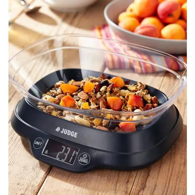 Judge 5kg Digital Bowl Scale with Weight Volume Measure Add-Weigh Function Space-Saving Design Wipe-clean Platform Display Black Plastic