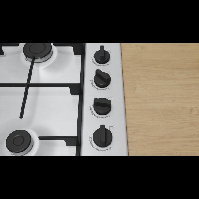 Bosch Series 2 60cm 4-Burner Built-In Gas Hob - Stainless Steel with Flame Failure Safety Device, Cast Iron Supports, and Integrated Ignition