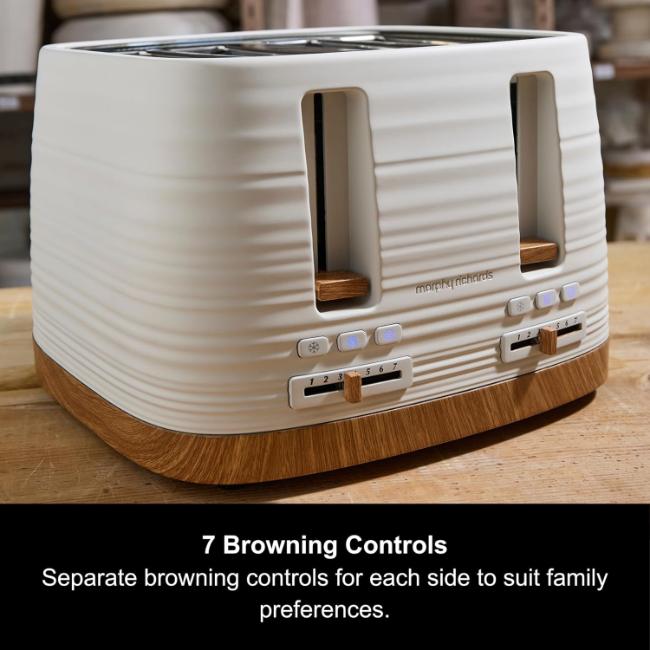 Morphy Richards Clay 4 Slice Toaster White Wood-effect Ripple Pattern Reheat Defrost Cancel Removable Crumb Tray Cord Storage