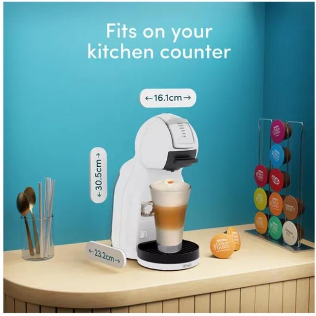 De'Longhi Dolce Gusto Mini Me 2 Pod Coffee Machine Iced Creations Bundle White 15 Bar Pressure 0.8L Water Tank Auto Shut-off 161x305x232mm 220-240V 1340-1600W